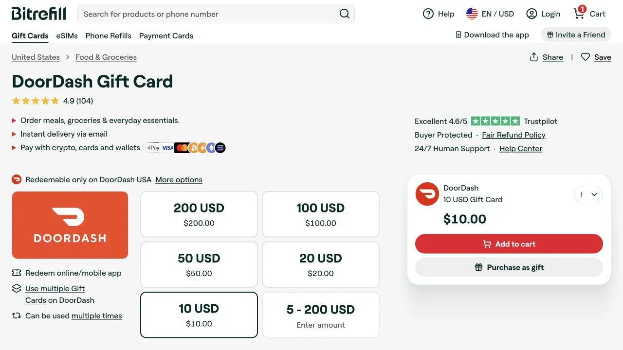Bitrefill’s desktop DoorDash USA product page with the 10 USD denomination selected and the Add to cart button visible.