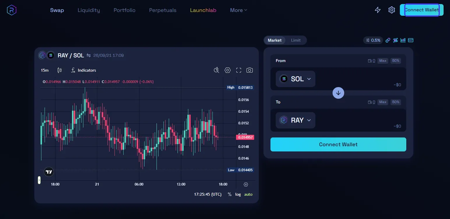 Raydium swap page with the Connect Wallet button highlighted.