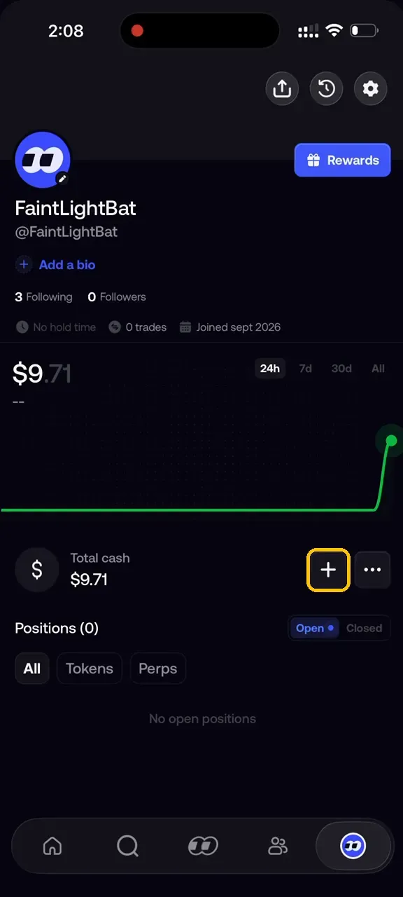 Fomo profile screen with the deposit control highlighted beside a $9.71 cash balance.