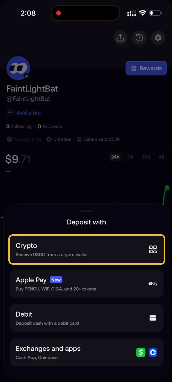 Fomo Deposit with sheet with the Crypto option highlighted.