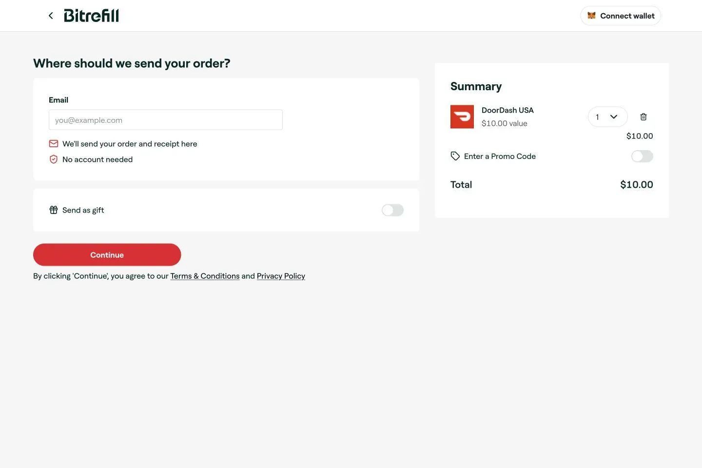 Bitrefill checkout with an empty email field, a $10 DoorDash USA order summary, and the Continue button.