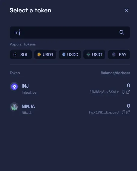 Raydium token selector showing INJ with its mint address.