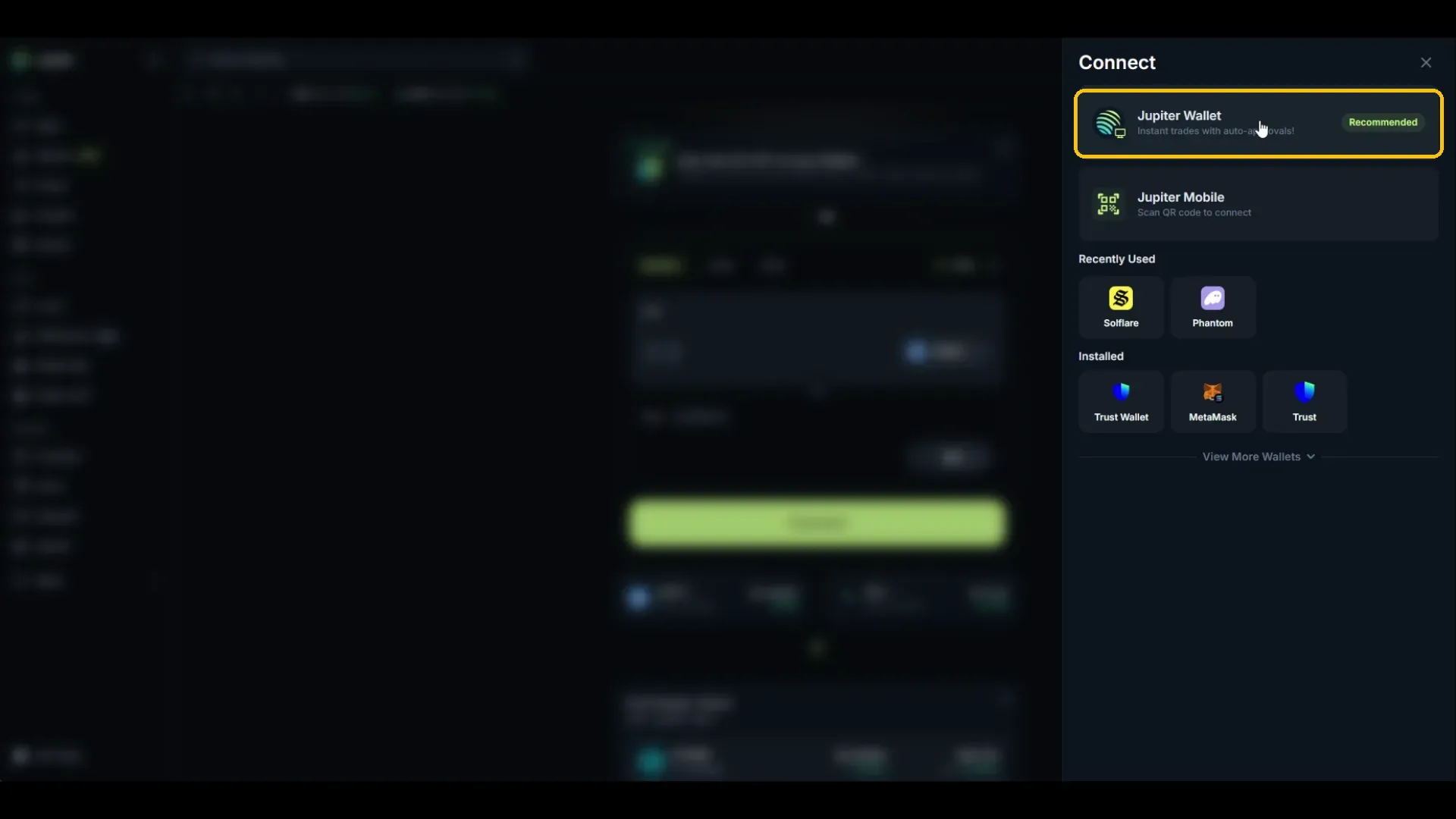 Jupiter Connect panel with the Jupiter Wallet option highlighted above Solflare, Phantom, and MetaMask.