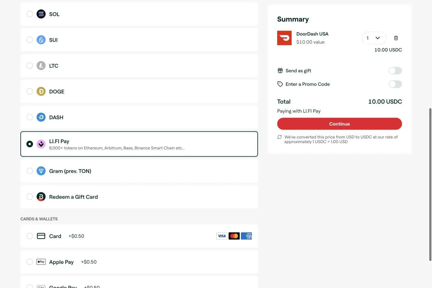 Bitrefill payment methods with LI.FI Pay selected and a 10 USDC order total beside the Continue button.