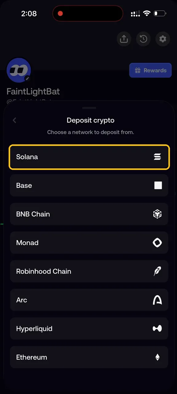 Fomo Deposit crypto network list with Solana highlighted.