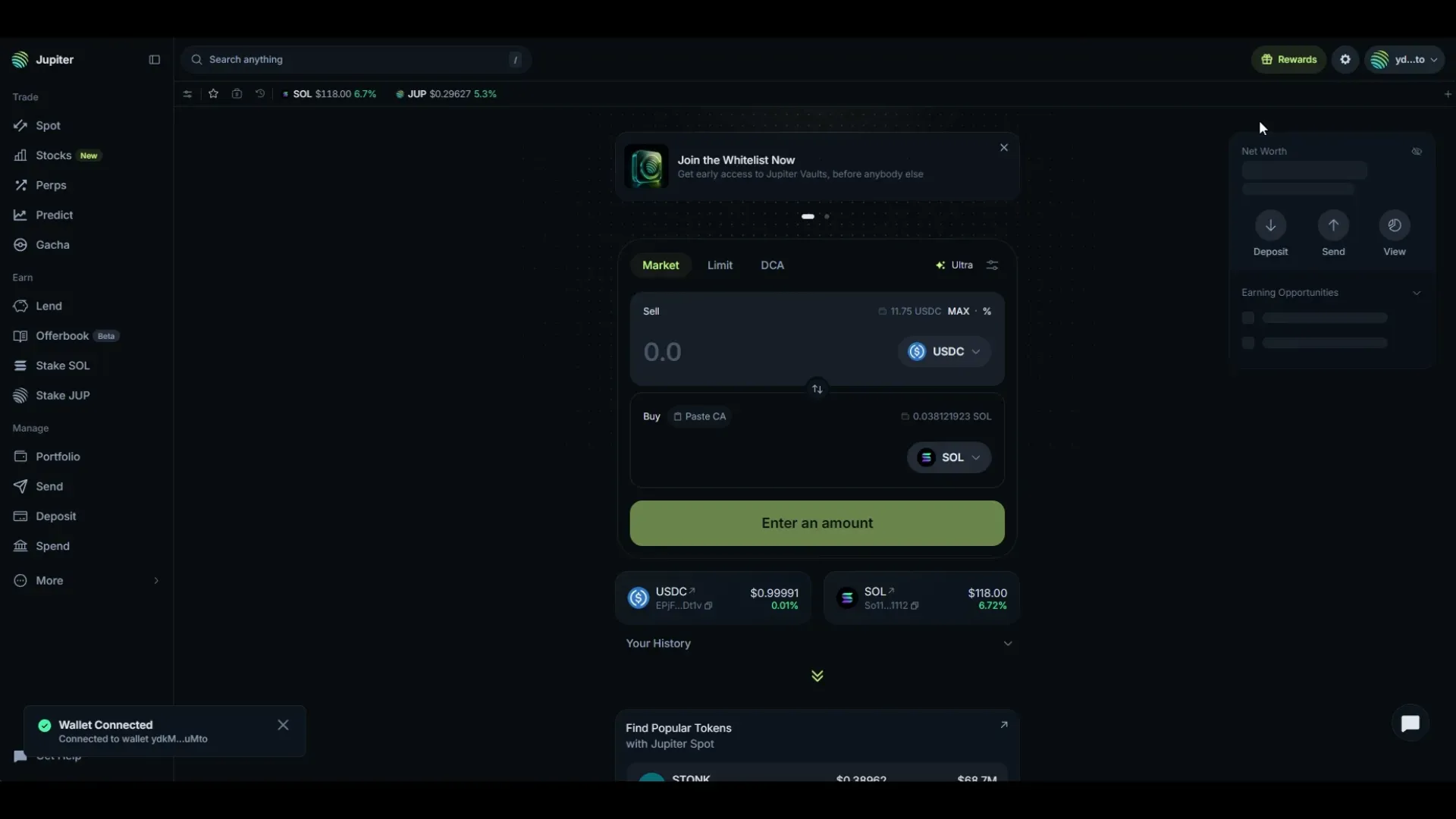 Jupiter after connecting, showing a Wallet Connected message and the Net Worth panel.