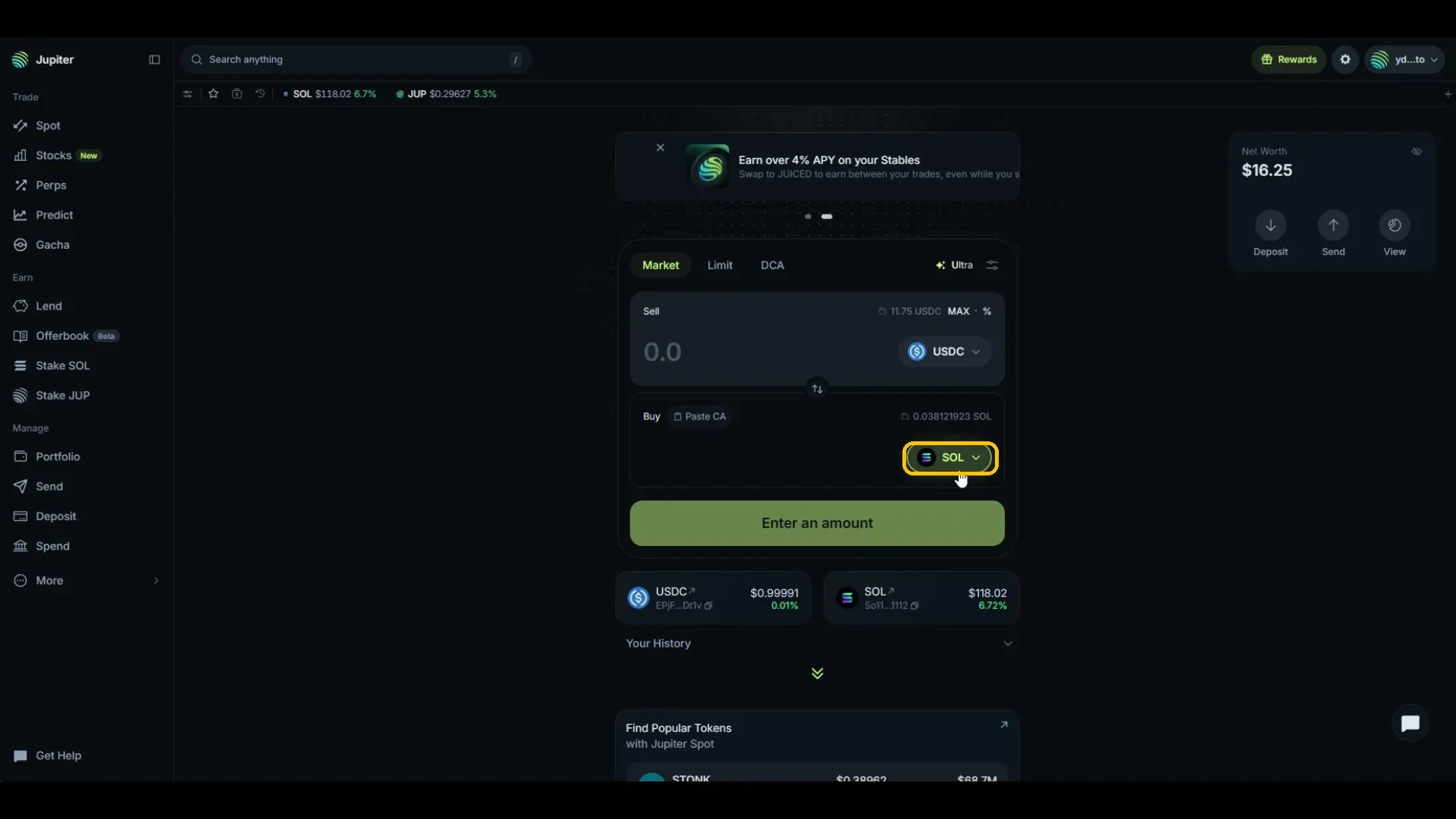 Jupiter swap card with the Buy token selector highlighted.