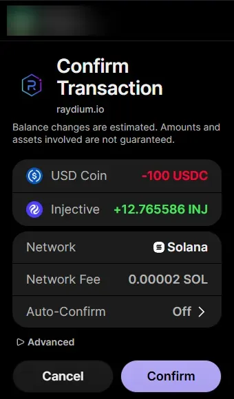 Phantom transaction approval popup for a Raydium swap.