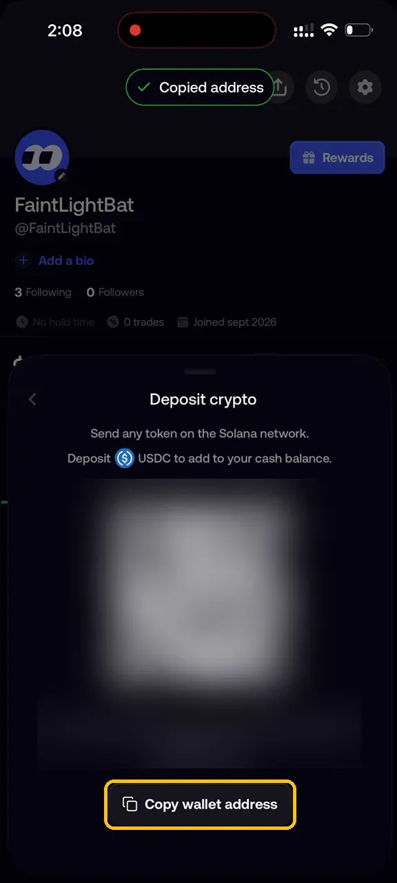 Fomo Solana deposit screen with the Copy wallet address button highlighted.