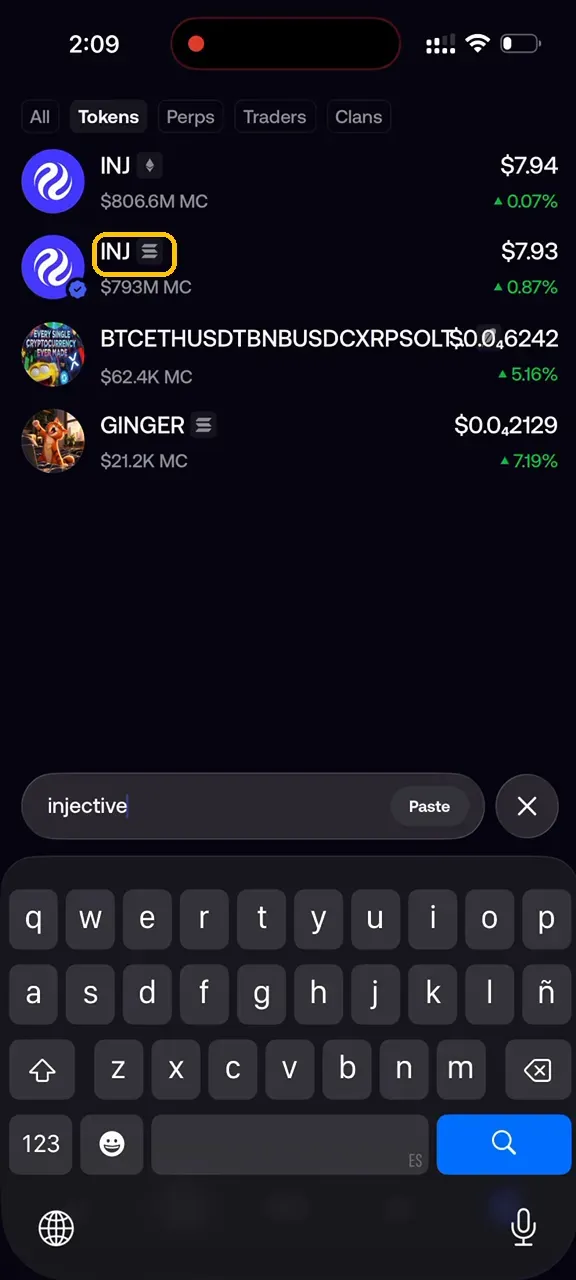 Fomo search results with the Solana INJ listing highlighted.