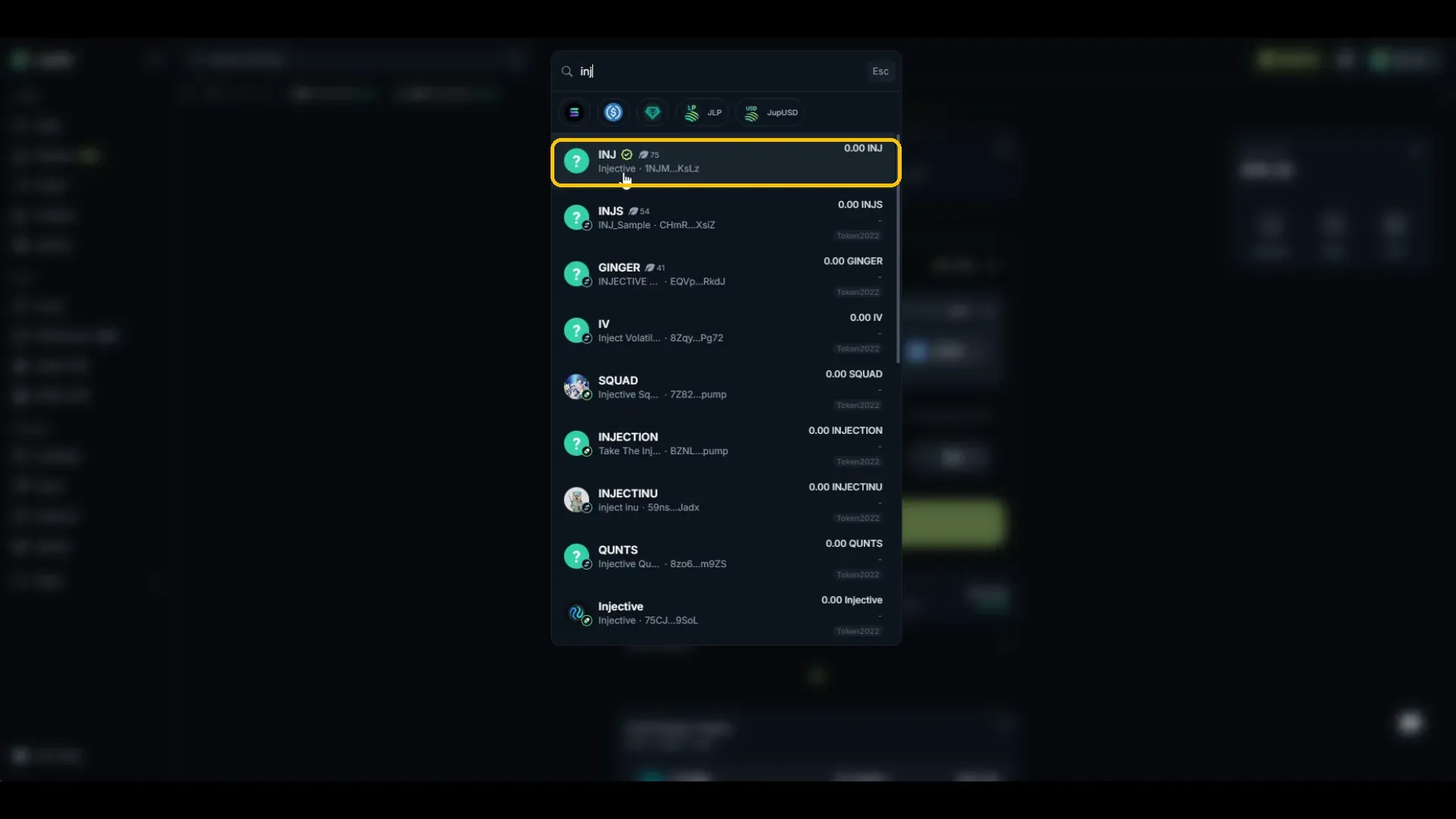 Jupiter token search showing the verified INJ result highlighted above INJS, GINGER, INJECTION, and INJECTINU.