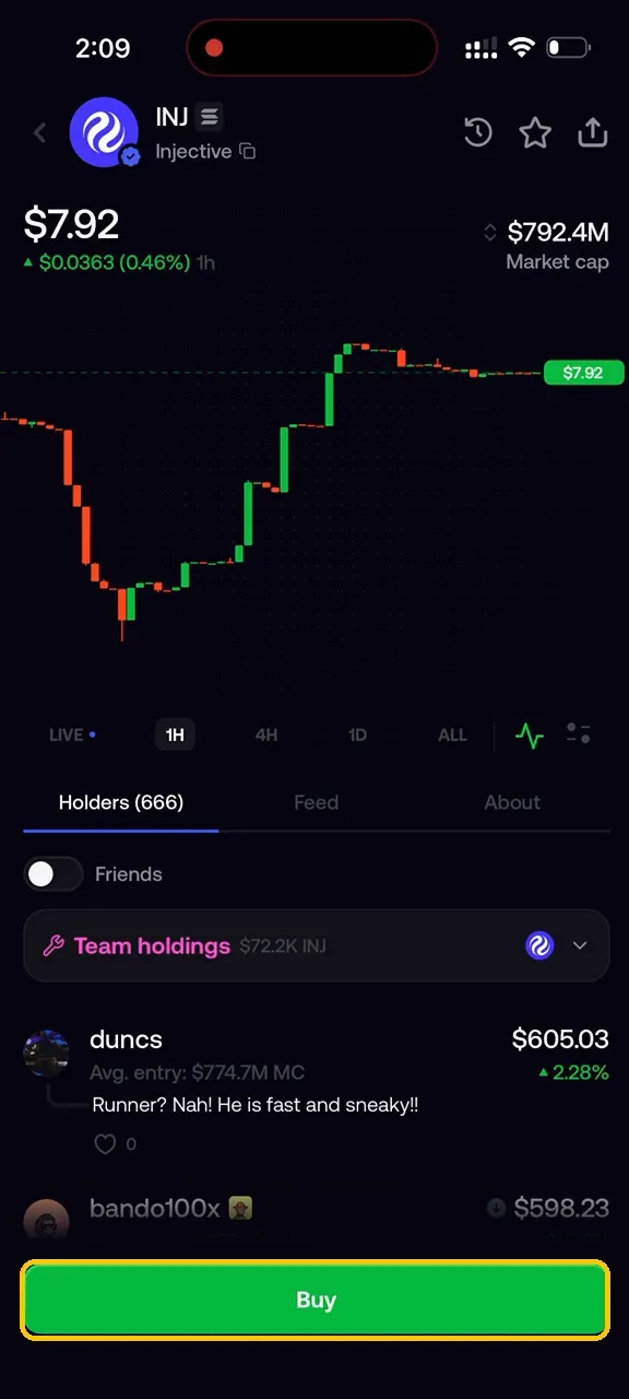 Fomo INJ token page with the trade button highlighted.