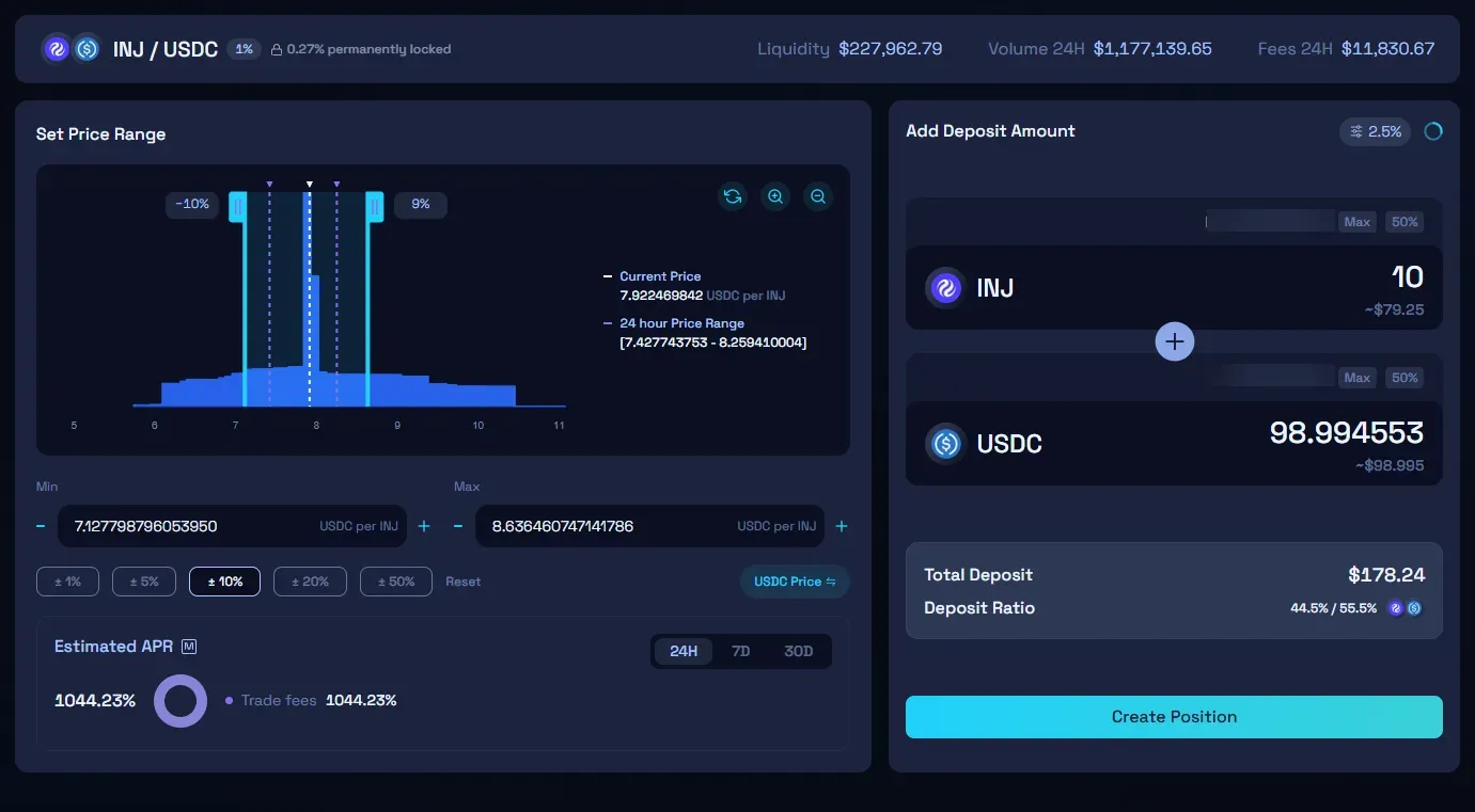 Raydium INJ-USDC position screen with a price range and deposit amounts.