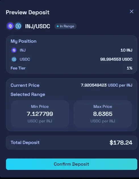 Raydium Preview Deposit modal showing position details for INJ/USDC.