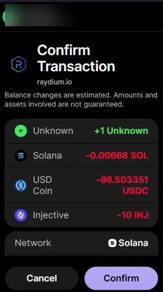 Phantom transaction approval popup for a Raydium liquidity deposit.