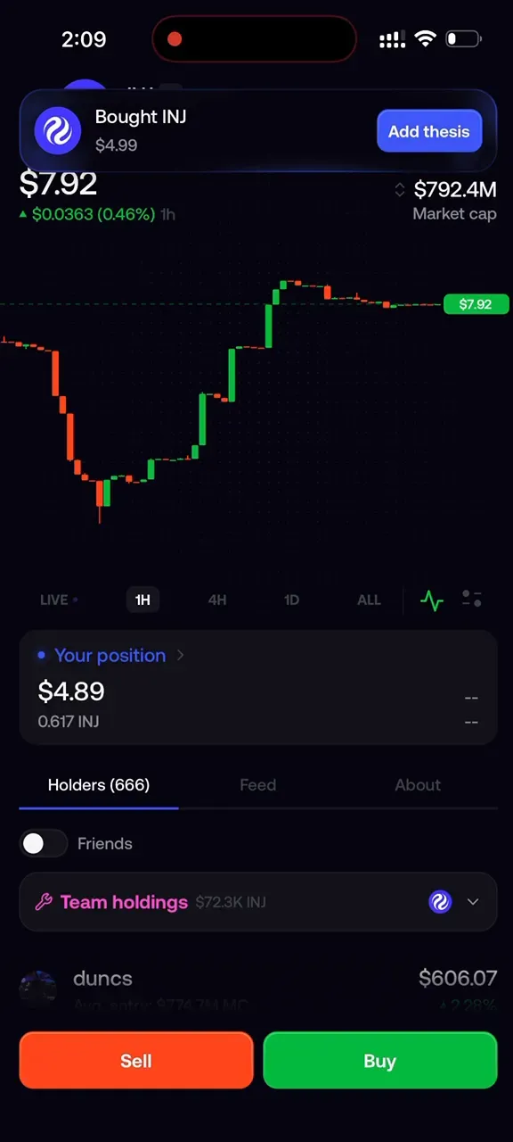 Fomo confirmation showing a $4.99 INJ trade with a position of 0.617 INJ.