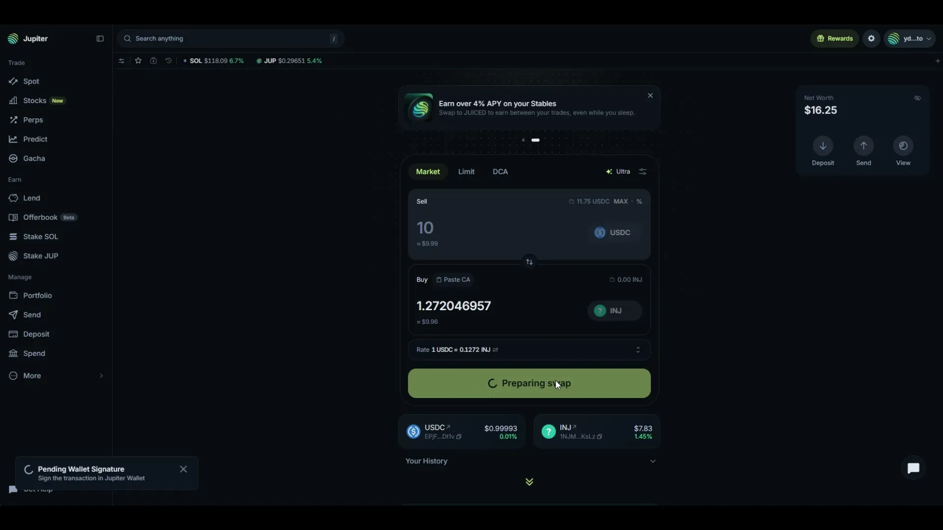 Jupiter showing a Pending Wallet Signature message while the swap prepares.