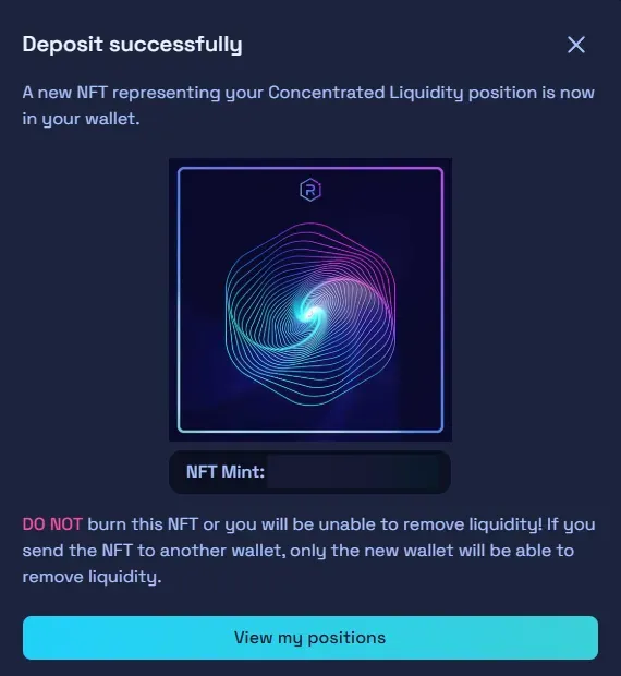 Raydium deposit success modal showing the new position NFT.