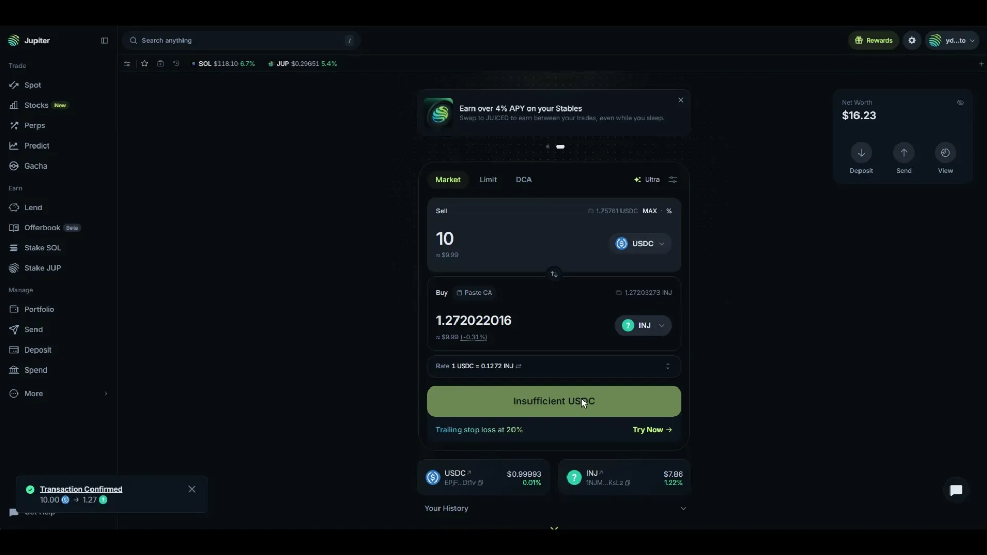 Jupiter showing a Transaction Confirmed message for 10.00 USDC to 1.27 INJ.