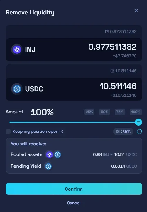 Raydium Remove Liquidity modal for an INJ/USDC position.