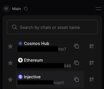 Keplr wallet showing an Injective address beginning with inj.