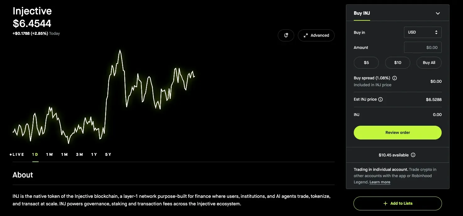 Robinhood page showing the Injective market and INJ purchase panel.