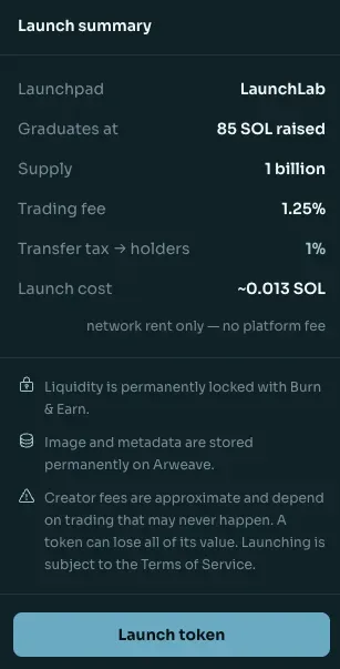 StonkFun Launch summary with LaunchLab, supply, fees, and estimated SOL cost.