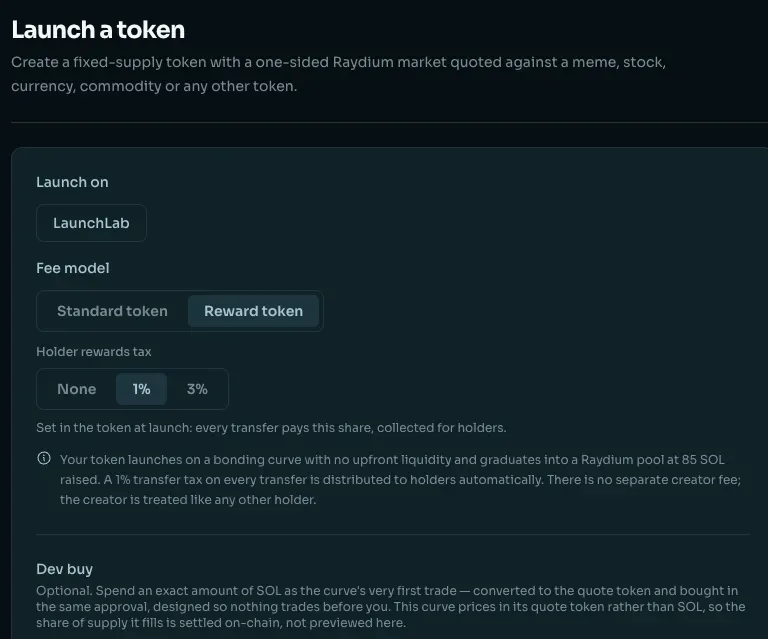 StonkFun Reward token selected with a 1% holder rewards tax.