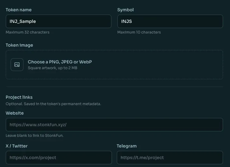 StonkFun token name, symbol, and image upload fields.