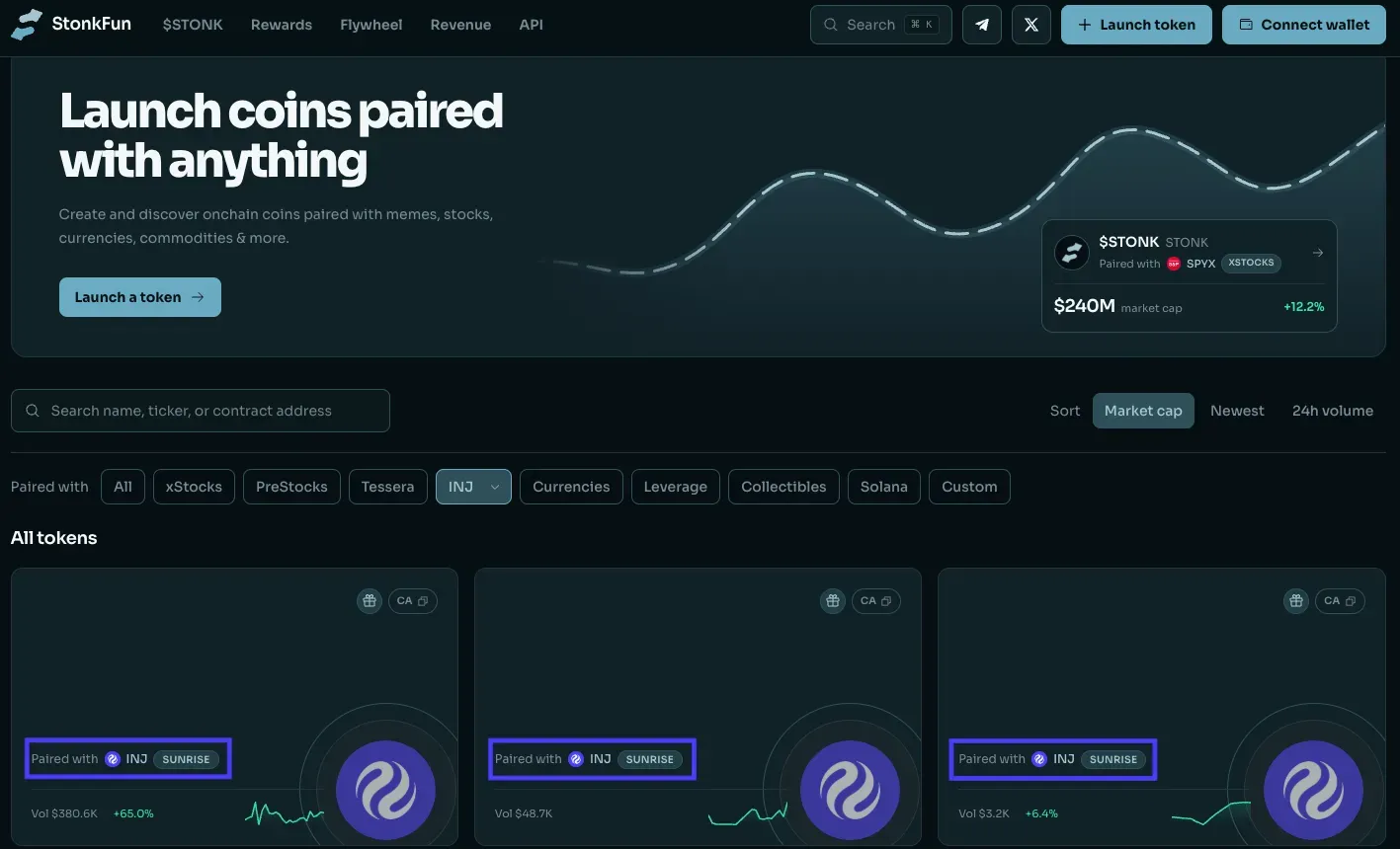 INJ filtered market results showing a token paired with INJ and a gift icon.