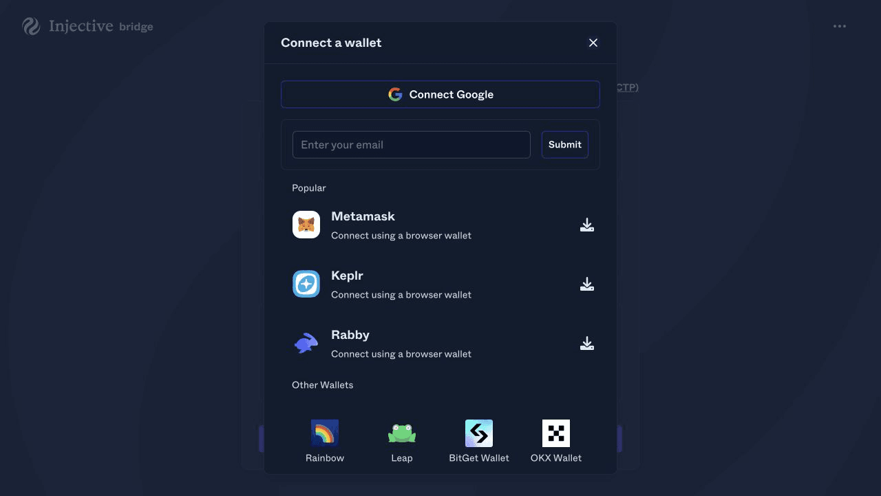 MetaMask connected to the Injective Bridge