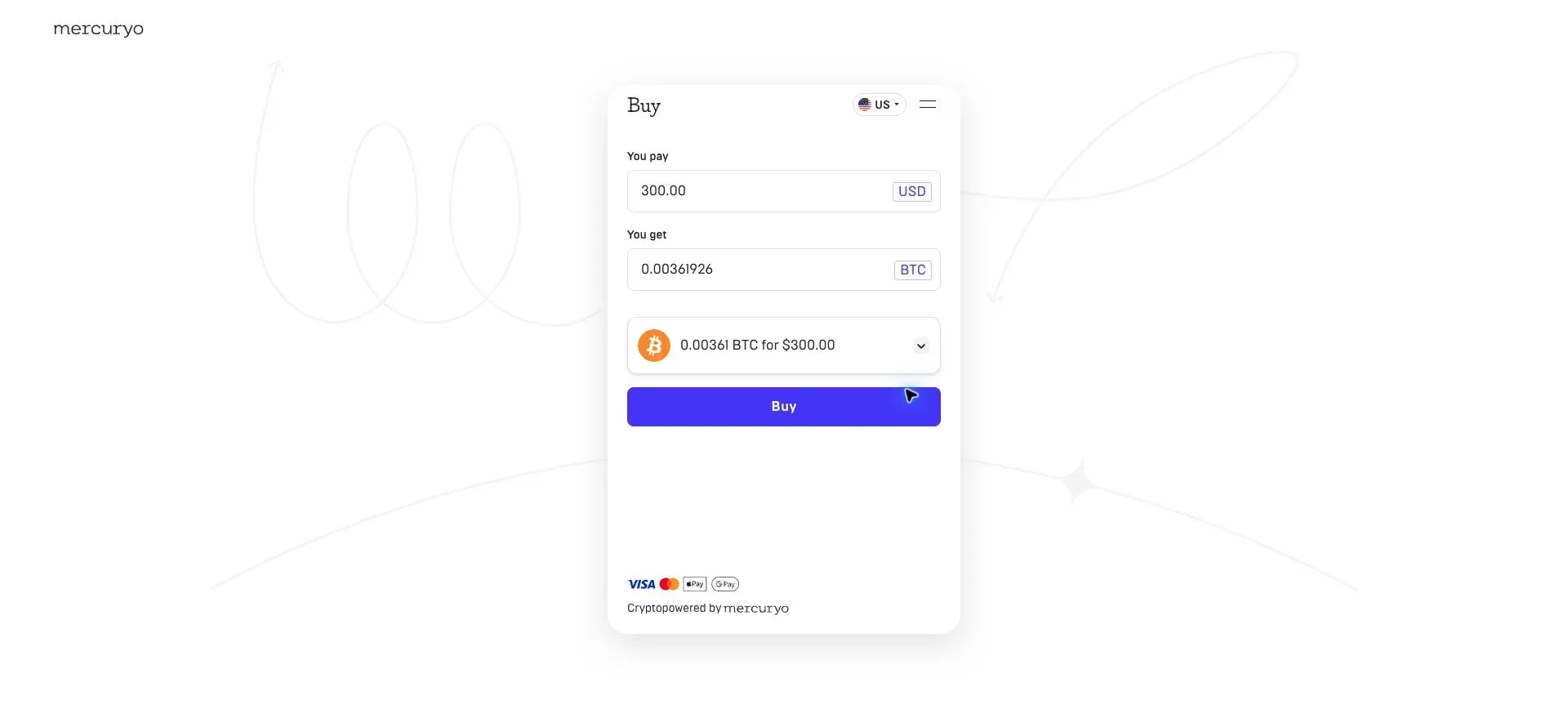 Official Mercuryo widget for purchasing cryptocurrency with fiat