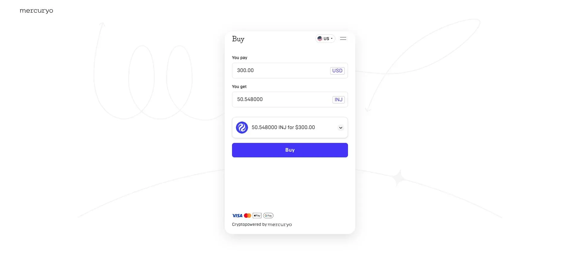 Selecting INJ from the cryptocurrency menu in Mercuryo