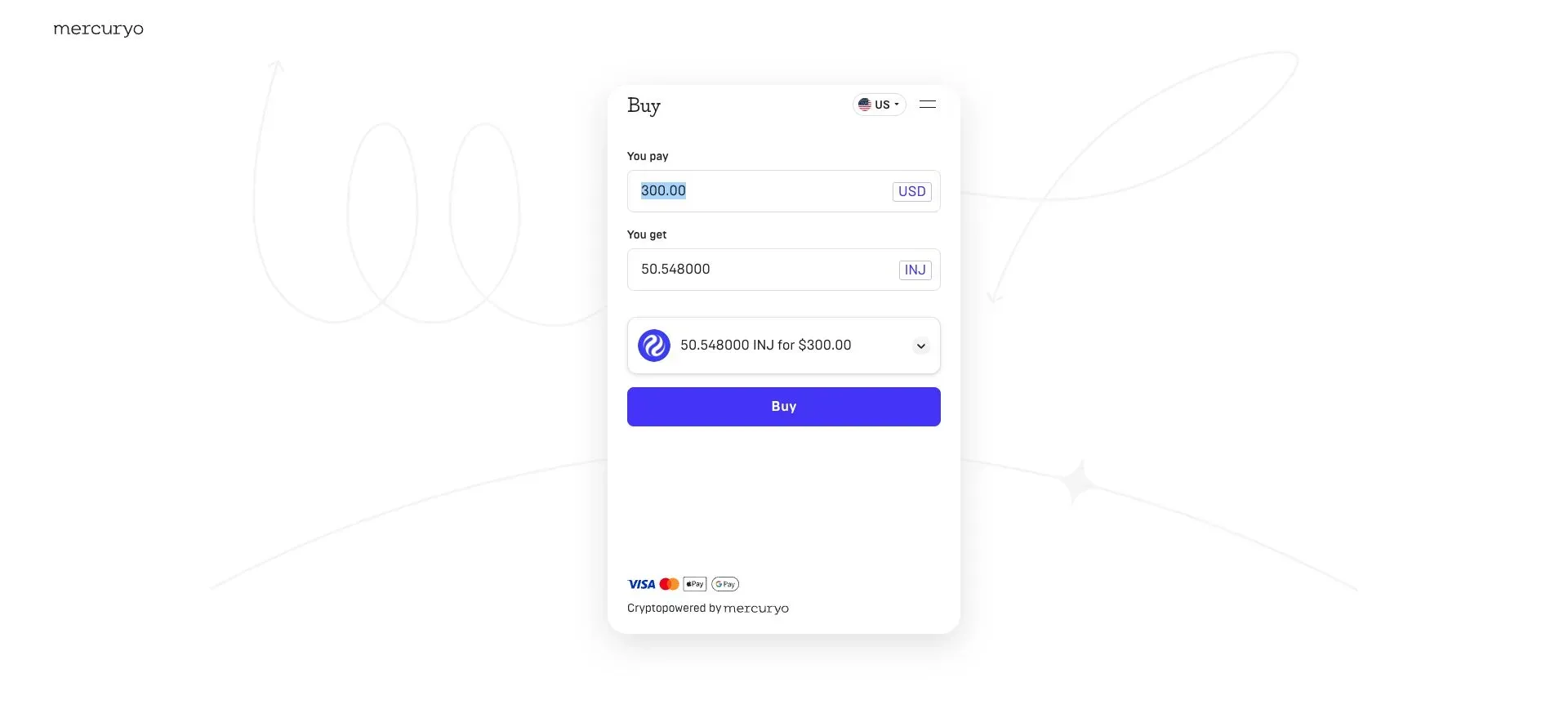 Entering a fiat amount to purchase INJ through Mercuryo