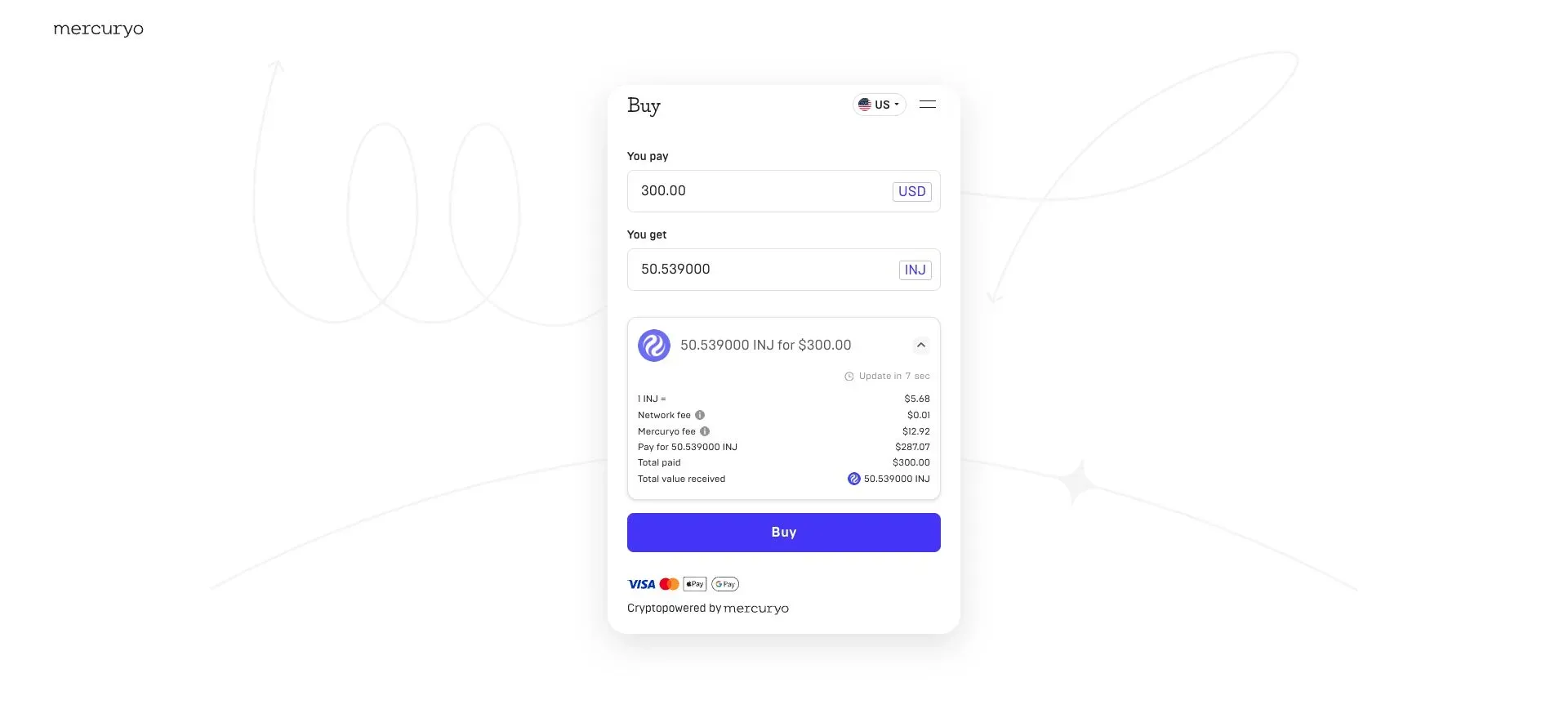 Mercuryo order details showing the INJ quote and purchase fees