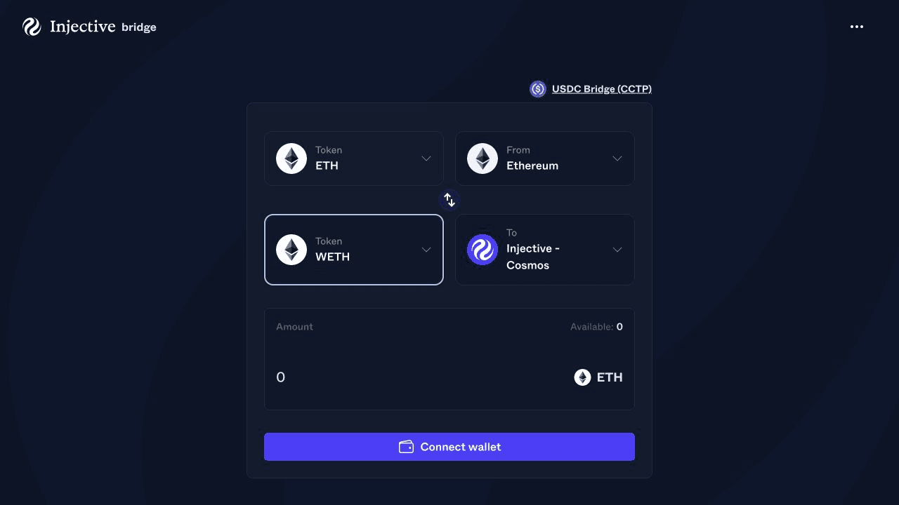 ETH to WETH route from Ethereum to Injective.