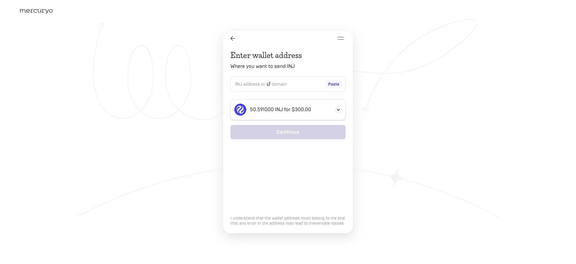 Entering a native Injective wallet address in Mercuryo