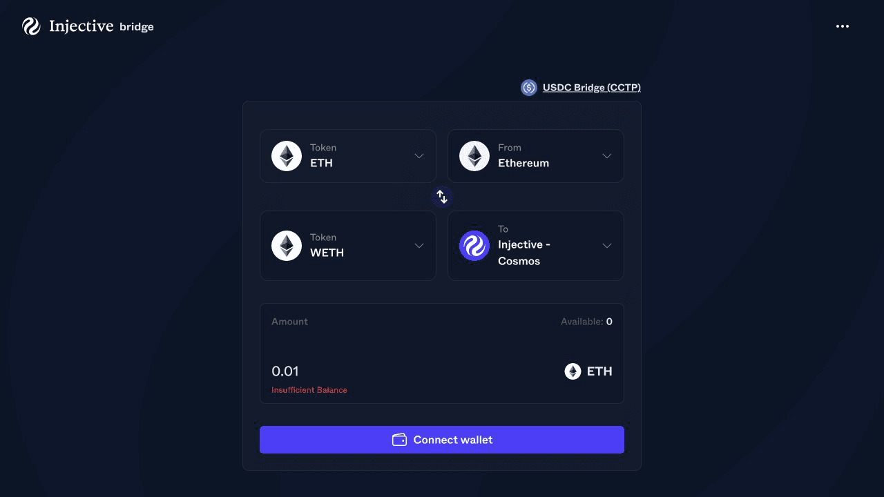 Enter the ETH amount to bridge to Injective