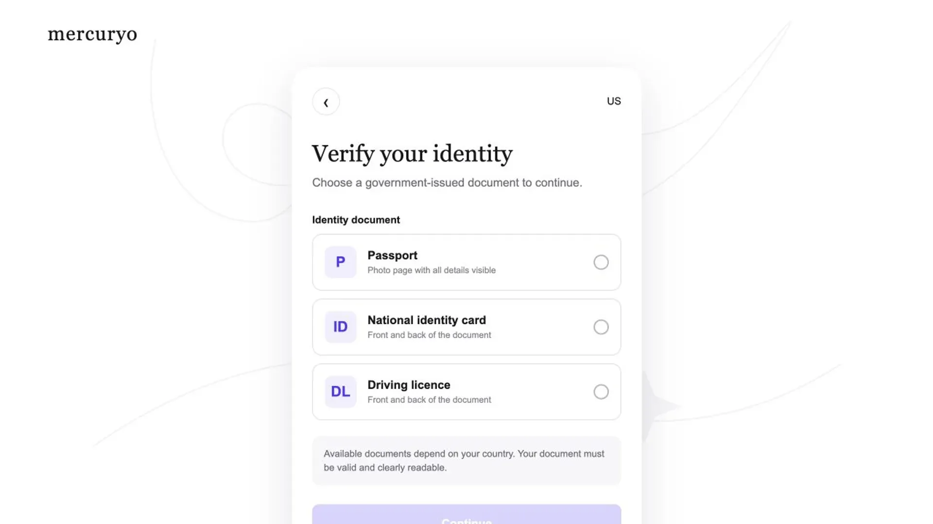 Mercuryo identity verification prompt for a cryptocurrency purchase