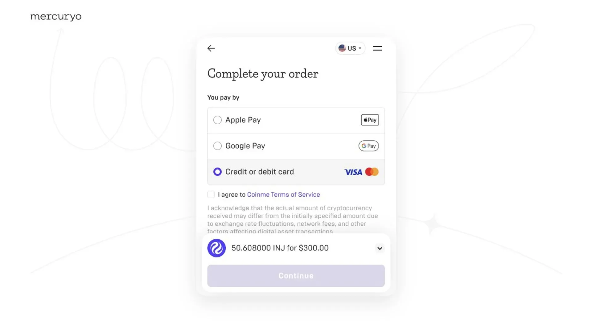 Bank card payment option for buying INJ through Mercuryo