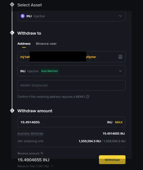 Binance interface showing a native INJ withdrawal to an Injective address.