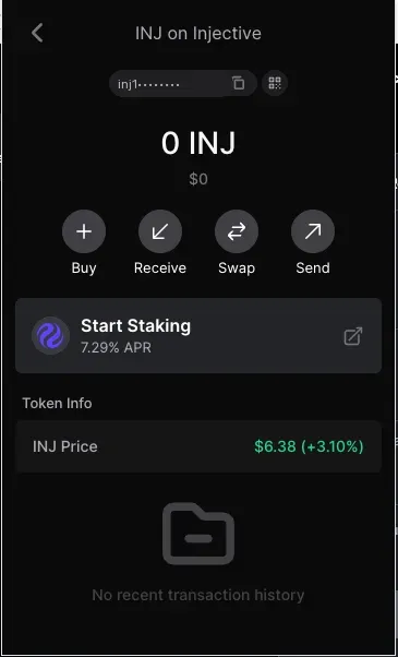 Keplr wallet showing a native Injective address beginning with inj.