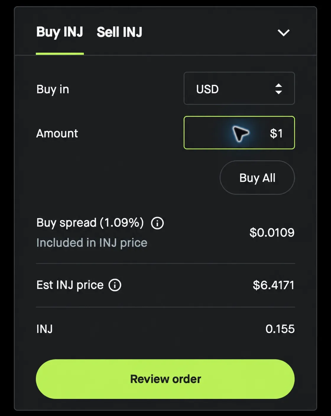 Robinhood US purchase screen with Injective selected.