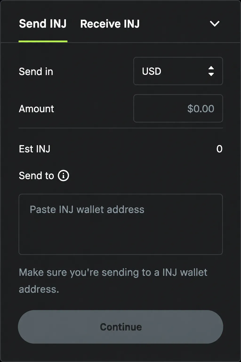 Robinhood US transfer screen sending INJ to a native Injective address.