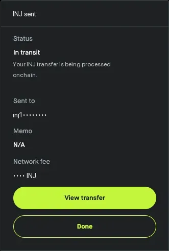 Robinhood INJ transfer status with the amount and destination address redacted.