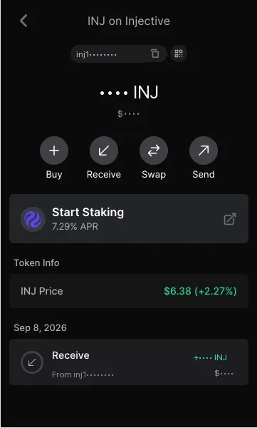 Keplr showing a received INJ transaction on Injective with private values redacted.